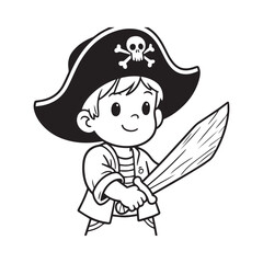 Adventurous Pirate Child With Oversized Hat Holding Wooden Sword Silhouette.