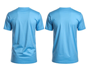Two light-blue crew neck t-shirts, front and back views