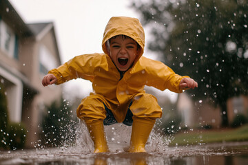 Young child in a yellow raincoat and rubber boots joyfully jumps in a puddle, creating a big splash while playing in the rain, carefree and full of motion and laughter