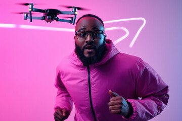 African american man fleeing a hovering surveillance drone in a neon studio, face showing panic and surprise as technology tracks and threatens privacy and freedom in a futuristic scene