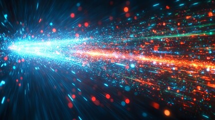 Obraz premium A dynamic display of vibrant, contrasting colors and luminous particles streaks in a space-like setting.