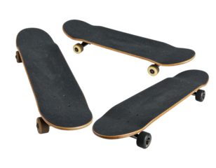 Three skateboards arranged in a triangular formation, top view, dark color