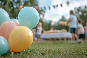 Colorful balloons resting on green grass in the foreground, with blurred children gathering around a table and festive bunting in the background, capturing a happy outdoor celebration