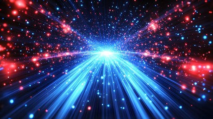 Obraz premium A vibrant, energetic digital illustration showcases a radiant pathway of blue and red light rays, radiating from a central point, amongst sparkling particles against a dark background.