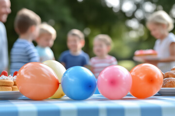 Many colorful balloons decorating a checked tablecloth with out of focus children and adults celebrating a birthday party in a park, showing celebration, joy, and togetherness