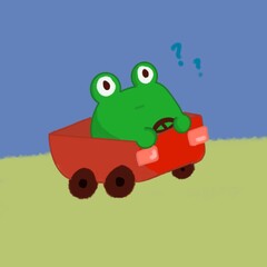 Frog driving a car in a green field