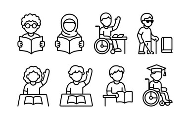 Diverse students and inclusive education icons set. Reading, studying, learning, accessibility, disability support. Outline vector illustrations