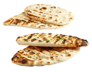 Two stacks of grilled flatbreads, one atop the other, showcasing different levels of char and seasoning
