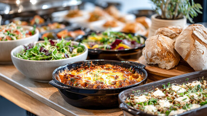 Obraz premium Variety of dishes displayed at a buffet, including salads, casserole, and bread, offering a diverse and appealing meal selection.