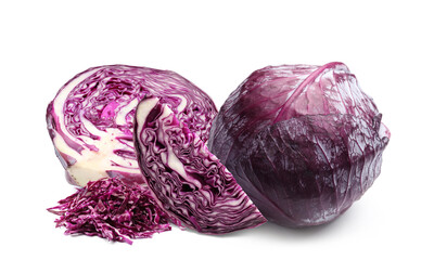 Fototapeta premium Fresh ripe red cabbage isolated on white. Whole and sliced