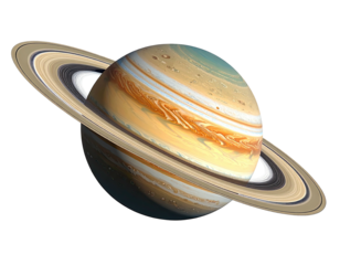 A detailed view of a ringed planet, showcasing its swirling clouds and rings