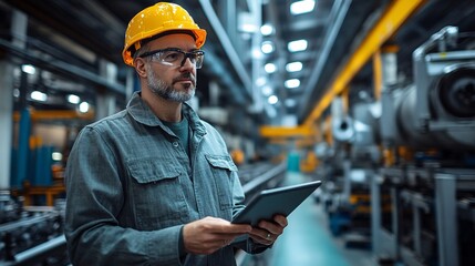 Male engineer in a hard hat using a digital tablet for quality control inspection in a modern manufacturing facility