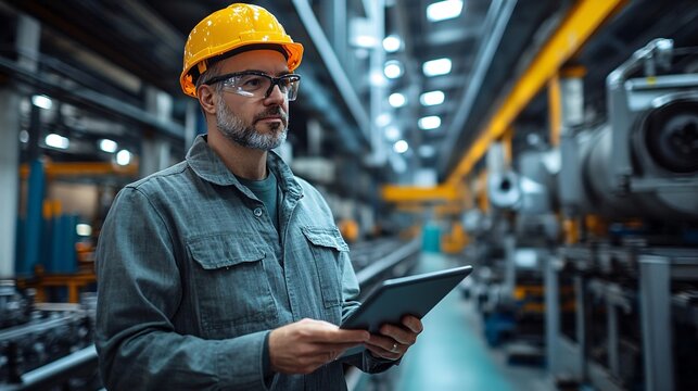 Male engineer in a hard hat using a digital tablet for quality control inspection in a modern manufacturing facility - Powered by Adobe
