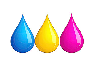 Three vibrant color drops, blue, yellow, and magenta, arranged horizontally against a black background.  Each drop has a glossy, teardrop shape and displays a smooth, reflective surface