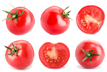 Fresh ripe tomatoes isolated on white, set. Whole and sliced