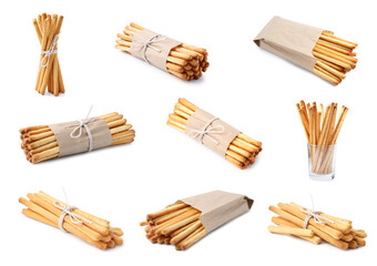 Delicious grissini sticks isolated on white, set