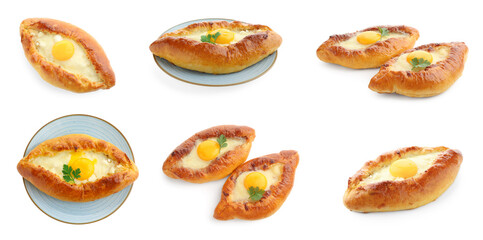 Khachapuri. Tasty pastry with cheese and egg isolated on white, set. Top and side view