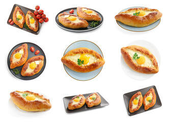 Khachapuri. Tasty pastry with cheese and egg isolated on white, set