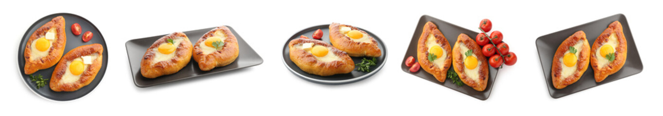Khachapuri. Tasty pastry with cheese and egg isolated on white, set