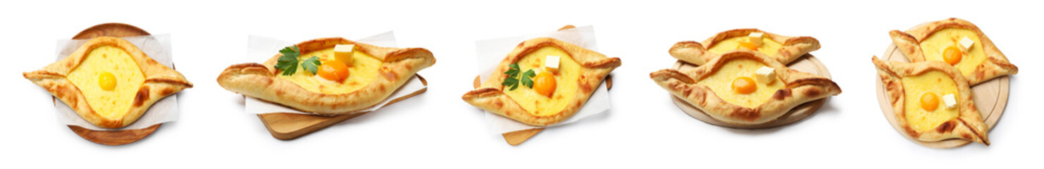 Khachapuri. Tasty pastry with cheese and egg isolated on white, set