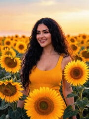 Young Woman Laughing Among Tall Sunflowers in Warm Evening Light