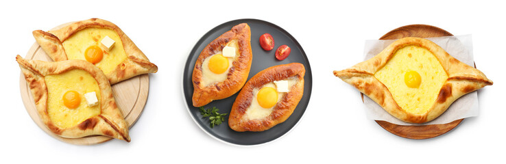 Khachapuri. Tasty pastry with cheese and egg isolated on white, set. Top view