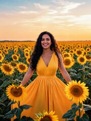 Carefree Woman with Curly Hair Enjoying Golden Hour in Nature