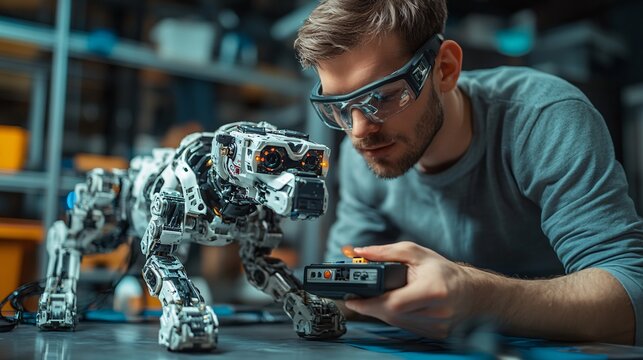 Engineer programming robot dog with remote control