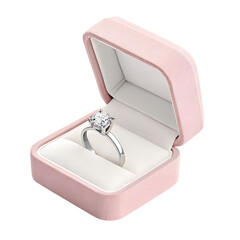 Elegant diamond engagement ring in a pink velvet box isolated on transparent background