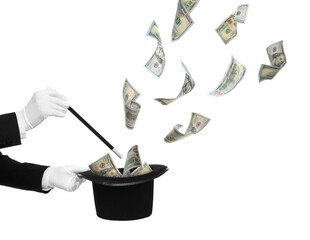 Magician performing trick with money flying out of hat against white background, closeup
