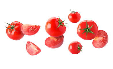 Fresh ripe tomatoes flying in air against white background
