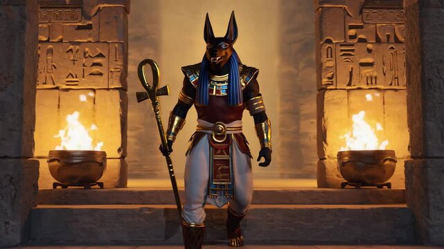 Old-style Egyptian god Anubis with staff 