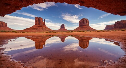 Red rock formations reflected in a puddle landscape photography