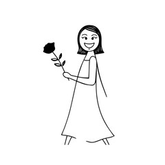 Black and white vector illustration of a beautiful woman holding a flower, minimal clean line art style
