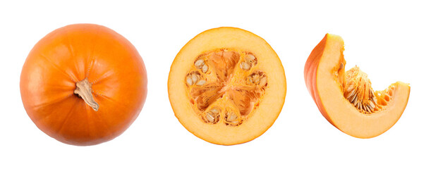 Fresh pumpkin isolated on white, set. Whole, half and piece