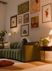 Obraz premium Low-angle shot of a vibrant, maximalist eclectic living room 3D render with warm mood lighting. Artistic decorations, plants, greenery and unique wall art decorate the area