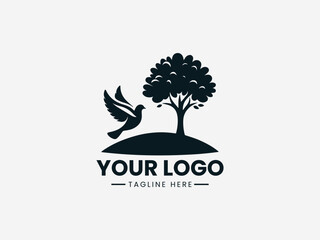 Obraz premium Serene dove resting on tree over rolling hill vector logo for peace organization branding