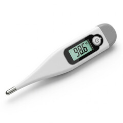 Digital medical thermometer showing normal human body temperature of 98.6 Fahrenheit isolated on a clean white background with a shadow