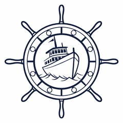 Illustration of a ship sailing on the water, framed by a ships wheel, the vessel is depicted in a simple, graphic style, with clean lines and a minimalist color palette