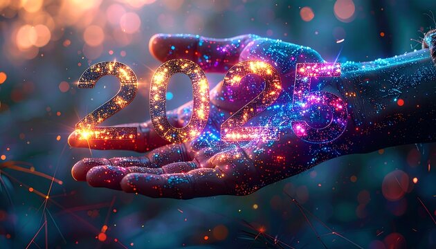 Hand holding glowing 2023