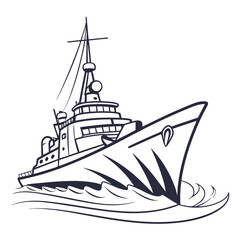Vector art of a sleek, modern warship cuts through the waves, its powerful silhouette a symbol of naval strength and maritime prowess, its design speaks to advanced technology
