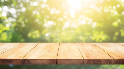 A light-filled, sunny outdoor scene with a smooth, light brown wooden tabletop in the foreground, perfect for product placement.