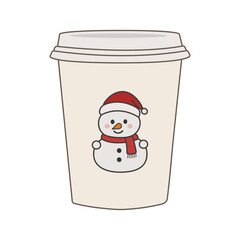 Christmas themed paper cup featuring cute snowman illustration, perfect for holiday season promotions or coffee shop designs