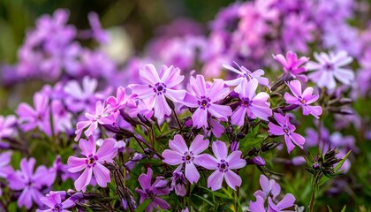 A cluster of light purple flowers with five petals each, blooming densely together in a garden setting