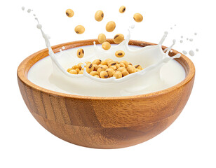 Wooden bowl filled with soy milk, with soybeans splashing in