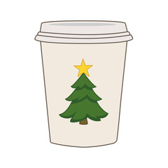 Festive paper cup featuring decorated Christmas tree with yellow star, perfect for holiday season drinks and promotions