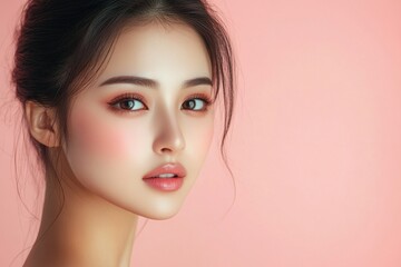 Fototapeta premium Beautiful young asian woman with perfect skin posing on pink background