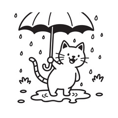 Happy Cat Holding Umbrella In Rain With Puddles Line Art Design. 