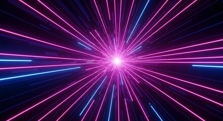 Naklejka premium Abstract digital art of pink and blue neon light beams radiating outward from a bright central point, creating a sense of high-speed travel.
