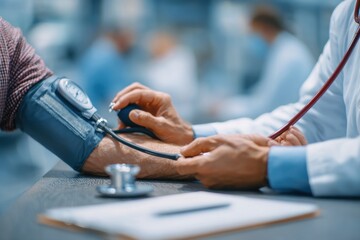 Doctor measuring blood pressure of senior patient in clinic